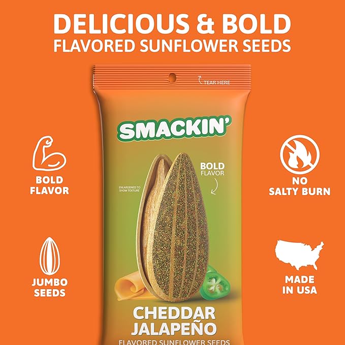SMACKIN' Sunflower Seeds Roasted Jumbo Small-Batch American Made - Cheddar Jalapeño. 1.5oz bags (36 Pack)