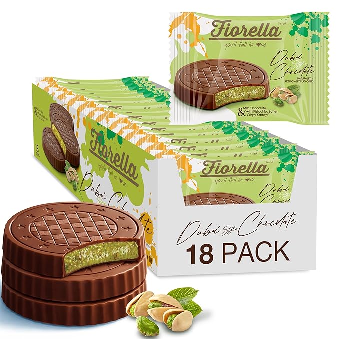Fiorella Dubai Style Milk Chocolate Pistachio Bars Filled Chocolate With Pistachio Butter &amp Crispy Kadayif Individually Wrapped Chocolate Snacks 18 Pack