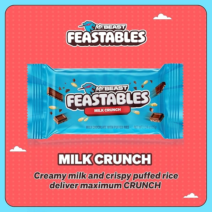 MrBeast Feastables Milk Chocolate Crunch Bar Full Size 24 Count Crispy &amp Creamy Chocolate Candy Fairtrade Cocoa 1.24oz Each
