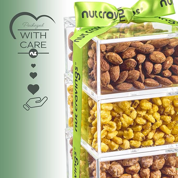 NUT CRAVINGS - Easter Mixed Nuts Acrylic Tower Gift Basket with Ribbon (3 Tier Assortment) Ramadan Gifts Treats for Adults Food Arrangement Healthy Snack Care Package Kosher