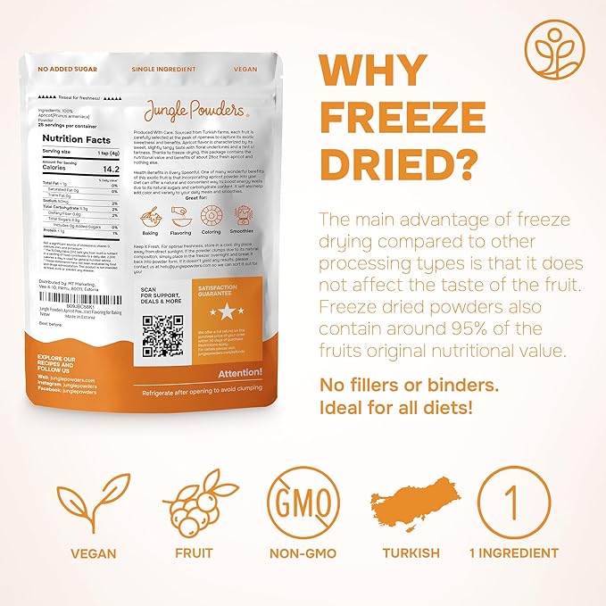 Jungle Powders Freeze Dried Strawberries Organic USDA Certified Strawberry Slices 3.2 Ounce Bag + Apricot Powder 3.5 Ounce Powdered Freeze Dried Apricot Fruit Smoothie