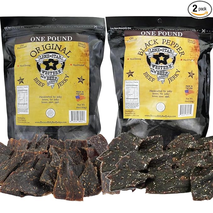 Lone Star Beef Jerky - Original &amp Black Pepper - 1 Pound (Pack of 2) Resealable Bags - Hickory Smoked Handcrafted Flavor - High Protein Healthy Meat Snack