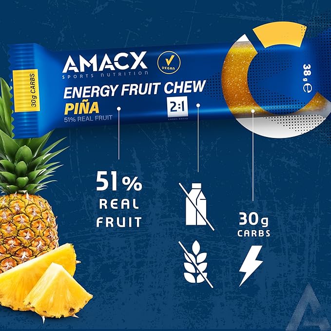 AMACX Fruit Chew Energy Bar – High Carb Running Fuel – 12 x 38g – Electrolyte Chews for Endurance Sports with 51% Fruit – Vegan Gluten &amp Lactose-Free – Sports Nutrition Running Chews (12 Pack Pi
