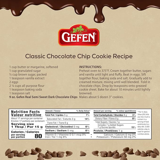 Gefen Vegan Semi Sweet Real Dark Chocolate Chips Dairy Free 9oz (3 Pack)Nut Free Lactose Free Kosher Great for Baking