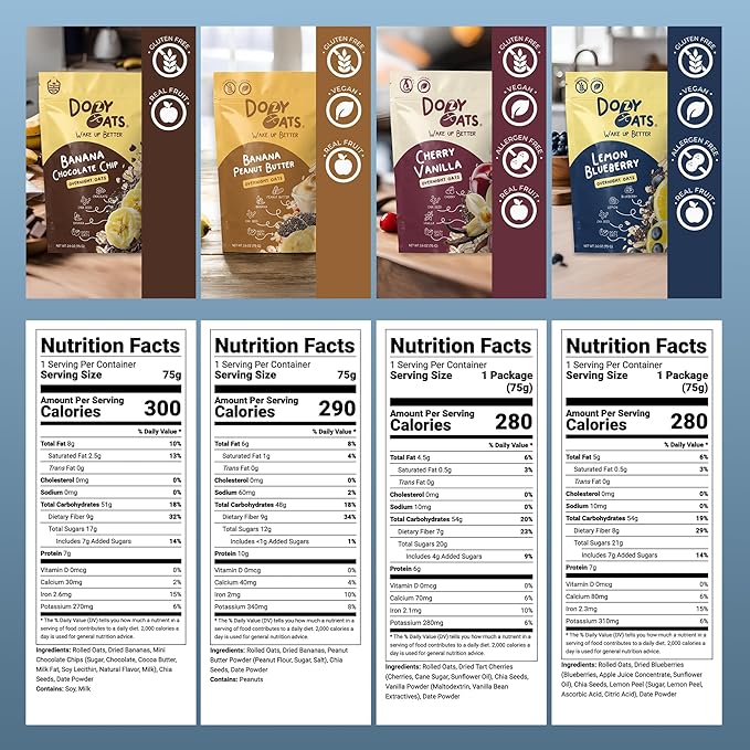 Dozy Oats Overnight Oatmeal Packets Sampler Box with Rolled Oats Chia Seeds Date Powder and Dried Fruit. Gluten-Free Natural Source of Protein and Fiber 16-Pack
