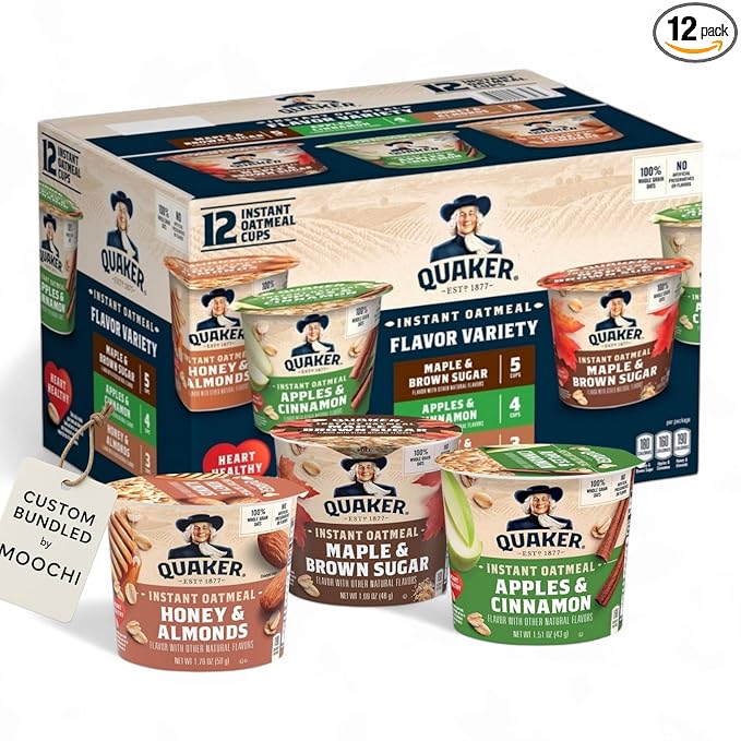 MOOCHI Assortment Quakers Instant Oatmeal Cups Variety Pack – 12 Count (Maple &amp Brown Sugar Apples &amp Cinnamon Honey &amp Almonds) – 100% Whole Grain No Artificial Preservatives Custom Bund