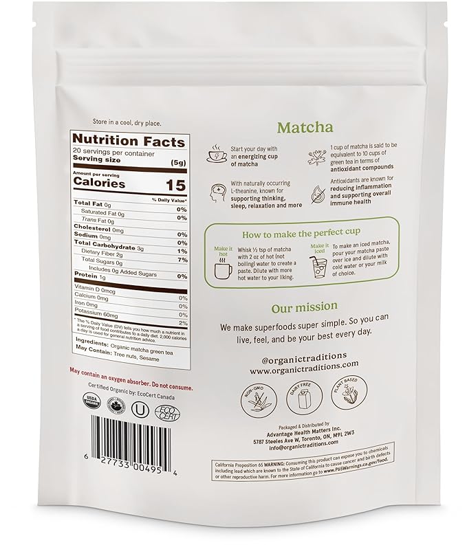 Organic Traditions Premium Matcha Powder Authentic Japanese Tencha Leaves Green Tea Rich in Antioxidants and Naturally Occurring L-Theanine for Calm Focus Energy Drink Tea 100g / 3.5oz Bag