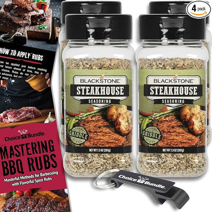 Blackstone Steakhouse Seasoning – Gourmet Griddle Premium Barbecue Rub 4 Pk (29.2 oz) + BBQ Masters &amp Opener (6 Items)!