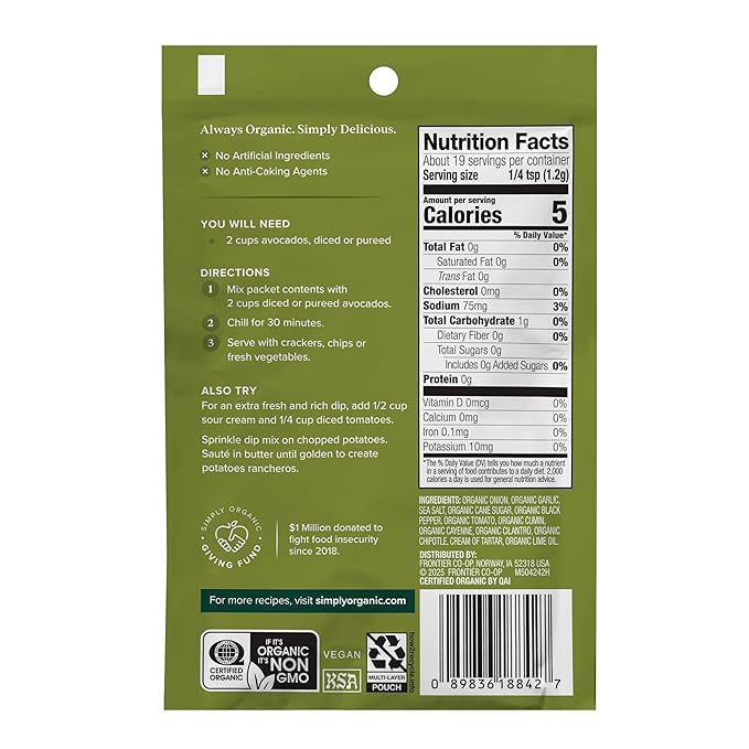 Simply Organic Guacamole Sauce Mix 4 Ounce Pouch Just Add Avocados for Zesty Robust and Creamy Guacamole (Pack of 6)