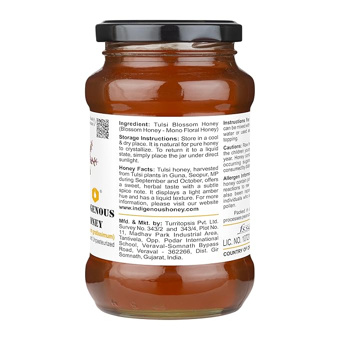 INDIGENOUS HONEY Tulsi Basil Honey Raw Natural Pure Unprocessed NMR Tested Unpasteurized Unheated 530g Glass Jar Pack of 1