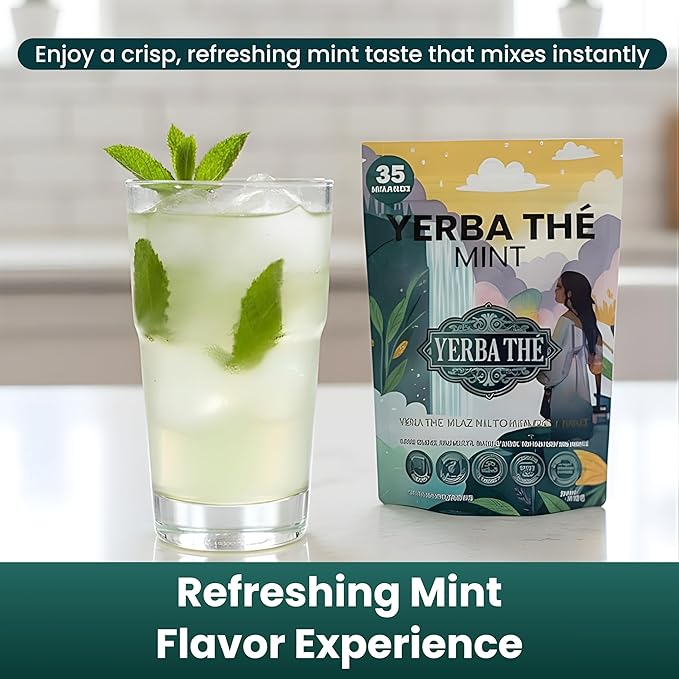 Yerba Mate Powder - Clean Energy &amp Focus - Organic Yerba Mate Tea 350g - Supports Gut Health with Probiotics &amp Prebiotics Brain Fog Relief Focus &amp Relaxation - Mint Flavor 35 Servings