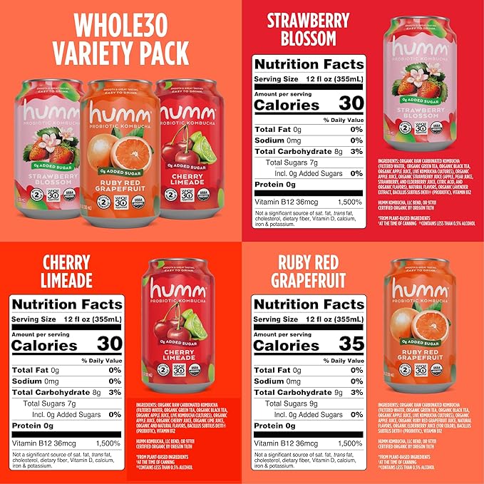 Humm Whole30 Approved Kombucha Variety Pack Strawberry Blossom Cherry Limeade Ruby Red Grapefruit Organic Vegan &amp GMO Free (12 Pack)