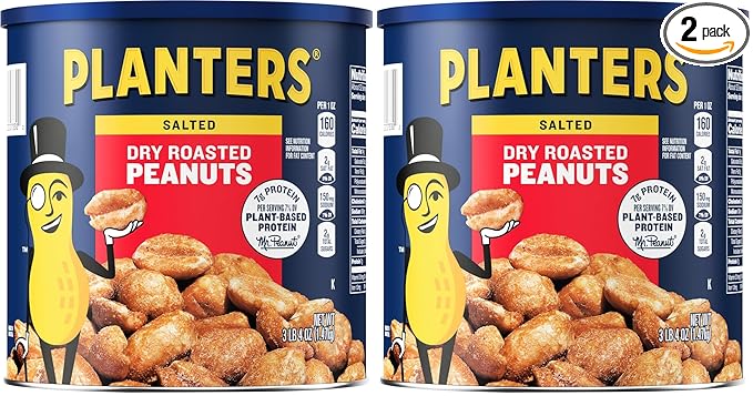 PLANTERS Salted Dry Roasted Peanuts Party Snacks Plant Based Protein 52 Oz Cannister (Pack of 2)