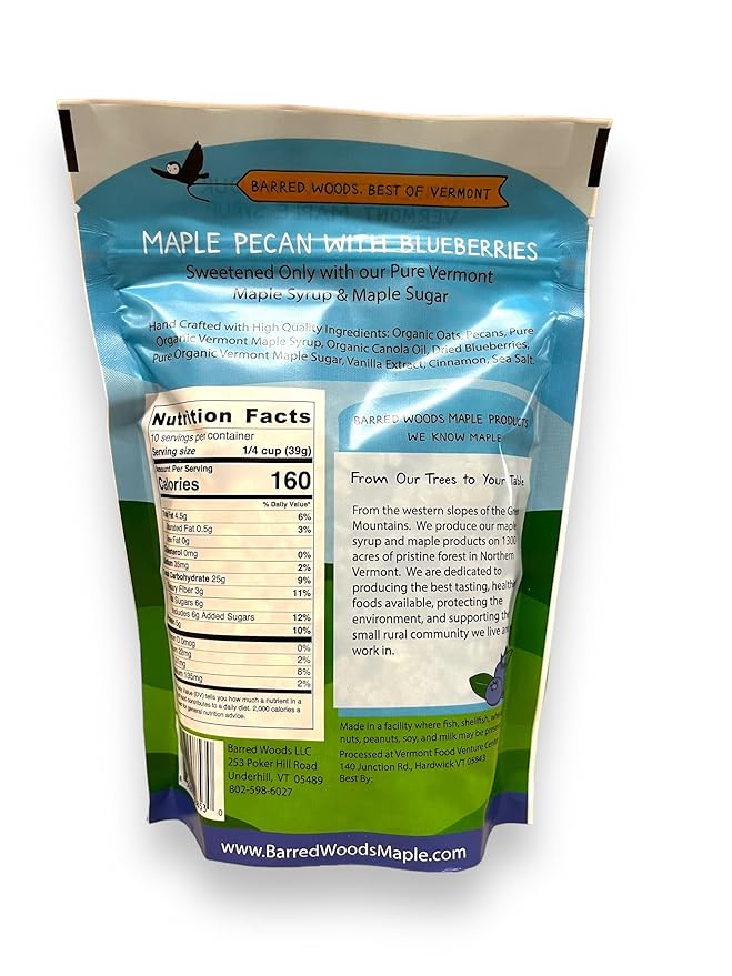 Barred Woods Maple Crunch Granola - Maple Pecan with Blueberries - Sweetened With Only Our Own Vermont Organic Maple Syrup and Maple Sugar - 10oz Bag (Case of 3 Bags)