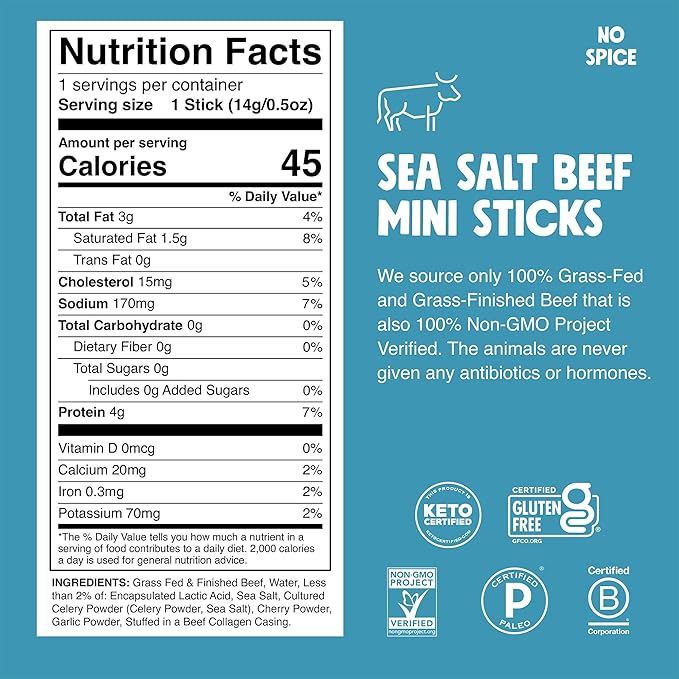 Chomps Snack Size Grass-Fed and Finished Sea Salt Beef Jerky Snack Sticks 0.5oz 24-Pack - Keto Paleo Whole30 4g Lean Meat Protein Gluten-Free Zero Sugar Food Non-GMO Chomplings