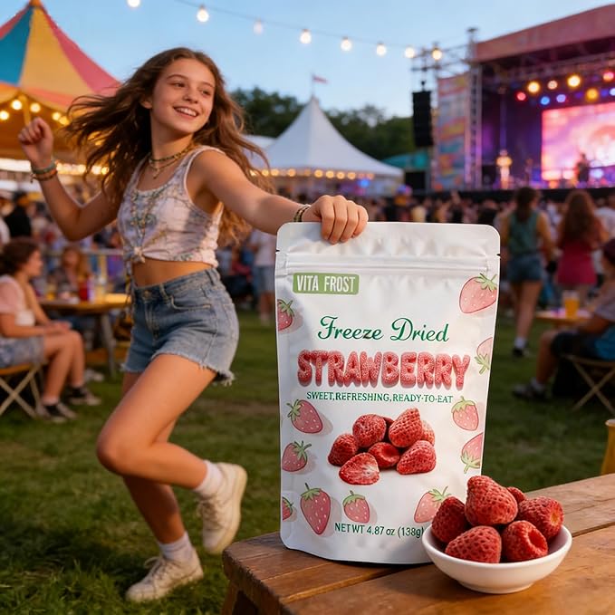 Vita Frost Freeze Dried Whole Strawberries (2 Packs of 4.87 oz) Frozen Dry Strawberry Crisps Natural Yummy Dehydrated Strawberry Slices Fruits Snacks Resealable Bag.