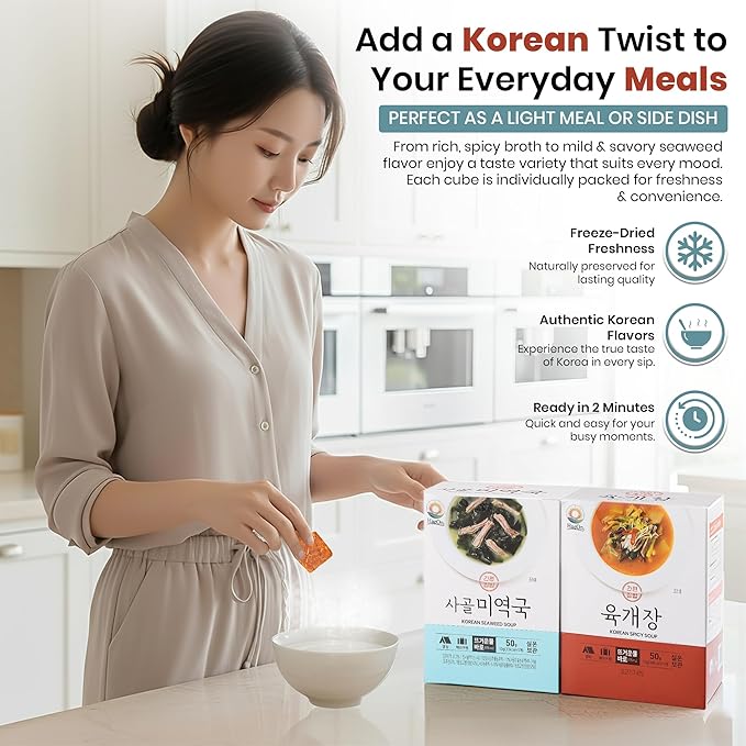Korean Freeze Dried Instant Soup Multi-Pack (Seaweed Soup 10g × 5ea) + (Korean spicy soup 10g × 5ea) Easy cooking Individual packaging 한국 전통 국 미역국 Miyeokguk 육개장 Yukgaejang (10ea (Seaweed 5ea + Spicy