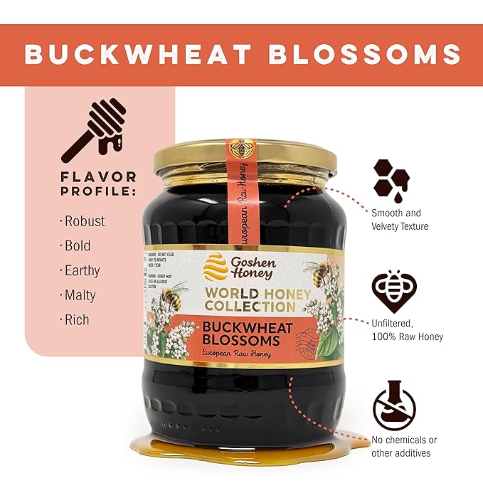 Goshen World Honey Collection - Buckwheat Blossoms from Russia - Raw Rare and Sustainable Floral Sources - Derived from Natural Flower Nectar with Antioxidants - Nature's Sweetener - 32oz