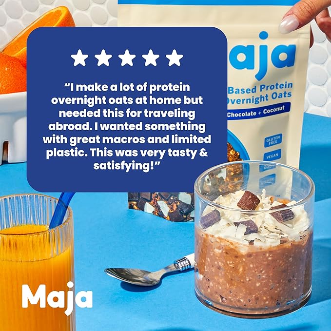 Maja Organic Plant-Based Protein Cacao &amp Coconut Overnight Oats 13 oz Multi-Serve (2-Pack) | 20g Protein Vegan Gluten-Free Instant Oatmeal | Quick &amp Filling Breakfast with Clean Ingredients