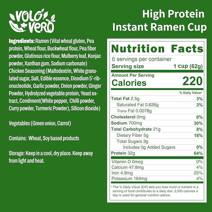VOLO VERO High Protein Ramen Cups 14-Count Variety Flavors Plant-Based Vegan Non-Fried Low Fat Quick and Convenient Meals