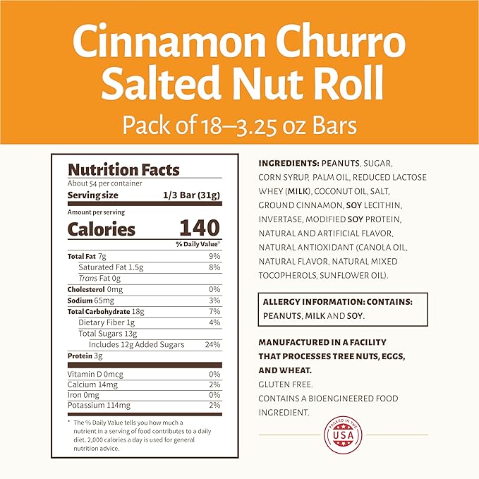 Pearson's Cinnamon Churro Salted Nut Roll | Loaded With Crunchy Roasted Peanuts Golden Caramel and Chewy Nougat | Pack of 18-3.25 oz. King-Sized Candy Bars