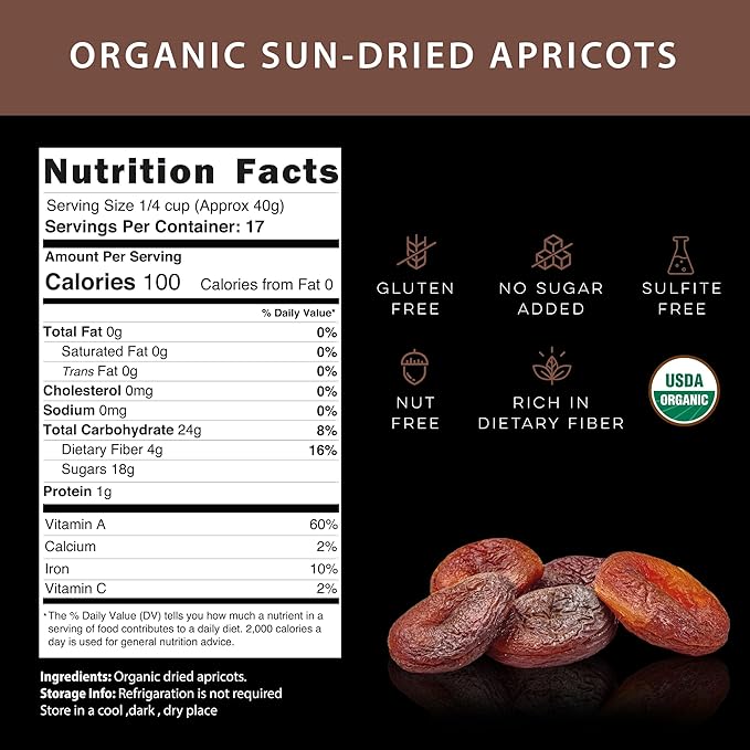 Biomey Organic Certified 2 LB Sun-Dried Unsulphured Turkish Apricots - Soft &amp Juicy Dried Fruit - No Sugar Added - No Preservatives - Vegan - Non-GMO - Gluten Free Healthy Snack - Bulk Value Resea