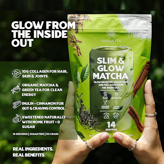 Slim &amp Glow Matcha Latte Powder – Collagen Peptides Organic Matcha Inulin Prebiotic Fiber Green Tea Extract Biotin – Gut Health Craving Control – 14 Servings