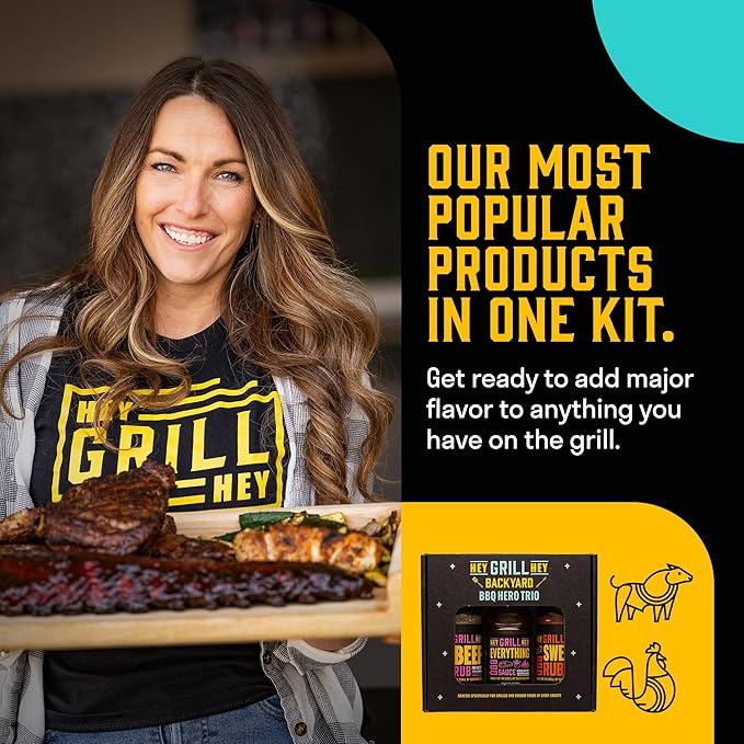 Hey Grill Hey | BBQ Seasoning and Barbeque Sauce Gift Set | Seasoning Set | Beef Rub Sweet Rub Everything Barbecue Sauce | Backyard BBQ Hero Trio