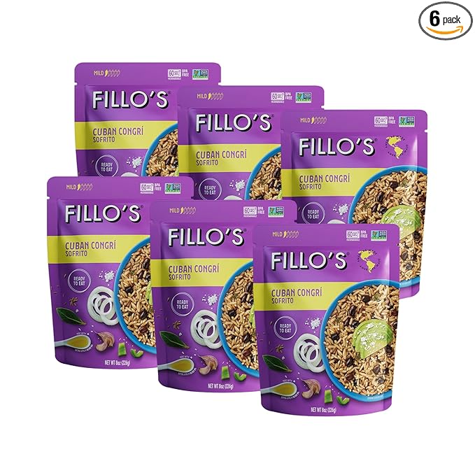 Fillo's Cuban Congri - Black Beans and Rice Ready to Eat Rice with Beans 8 oz Pk of 6 Gluten-Free Preservative-Free Microwavable Meals Non-GMO Vegan