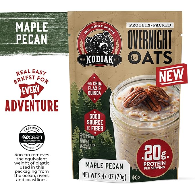 Kodiak Cakes Maple Pecan - Overnight Oats with 20g Protein High Fiber Breakfast (Pack of 9 Pouches)
