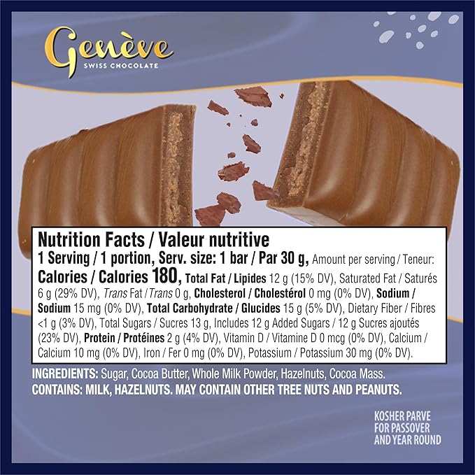 Genève Swiss Milk Chocolate Bars with Praline Filling 1 oz (12 Pack) | Geneve Jubilee | Individually Wrapped | Rich &amp Creamy | Kosher (including Passover)