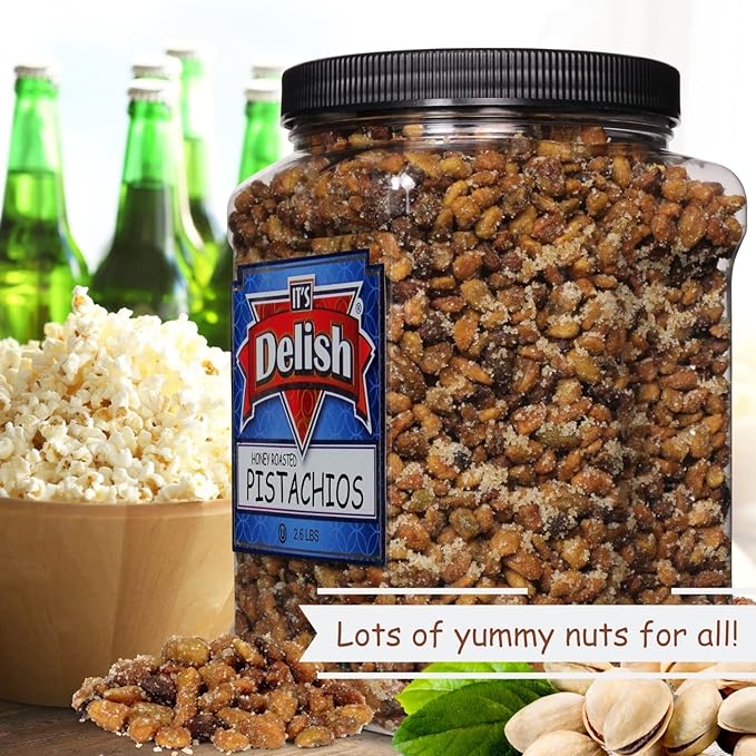 Honey Roasted Pistachio (Shelled No Shell) by It's Delish 2.6 LBS Reusable Jumbo Container | Gourmet Pistachio (Shelled No Shell) Nuts in Honey Sugar Coating Sweet &amp Heart Healthy Salted Nut