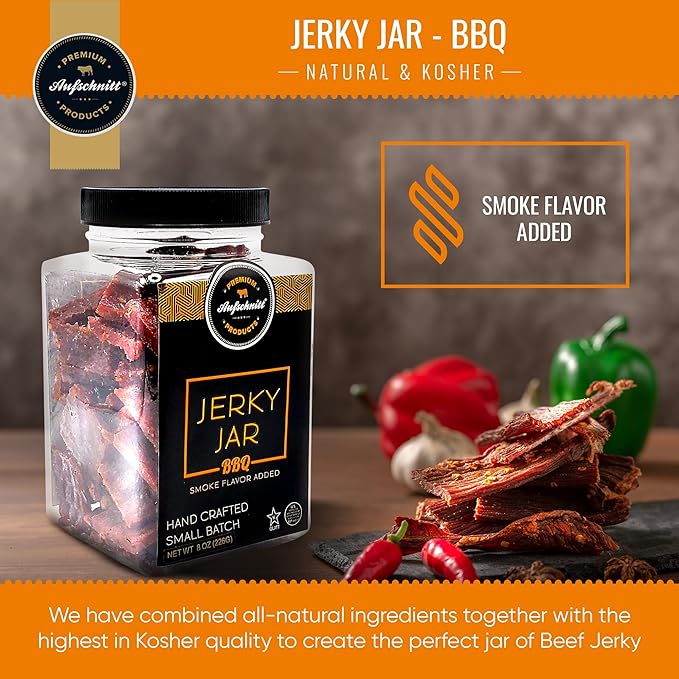 Aufschnitt Meats Beef Jerky Jar - Grass Fed Beef - Kosher and Keto Friendly - Gift Idea - 8 oz Jar BBQ