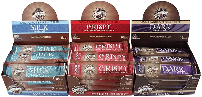 Vermont Nut Free Small Chocolate Bar (Crispy Milk Chocolate) 1.35 Ounce Bars 18 Count Nut-Free Egg-Free Kosher