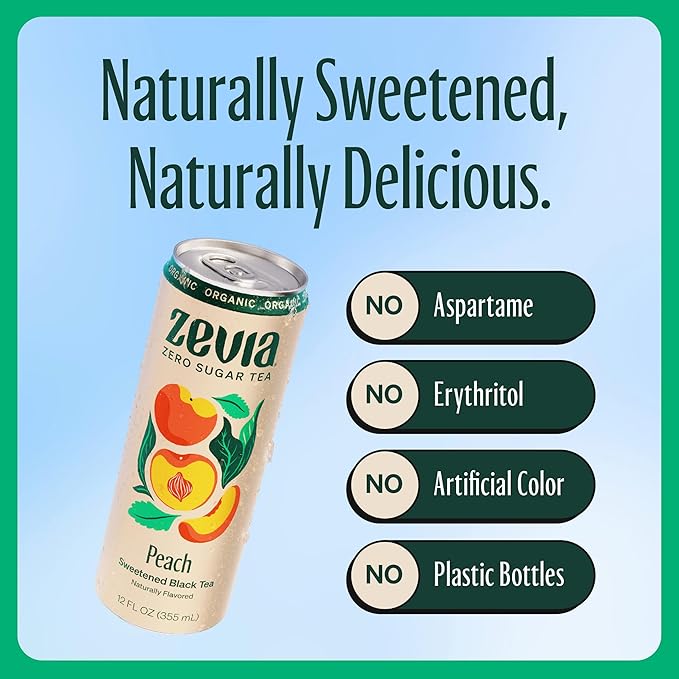 Zevia Zero Sugar Tea Black Tea with Peach 12 oz Cans (12-Pack) – Naturally Sweetened Zero Calorie Sugar Free - Non-GMO Project Verified Gluten-Free Vegan
