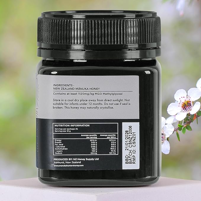 Manuka Hunters UMF 24+/MGO 1120+ Certified New Zealand Manuka Honey - 100% Pure Natural Sweetener - Gluten Dairy Free - Ideal for Tea Coffee Smoothies and Baking - Sustainable - 8.8oz/250g Jar