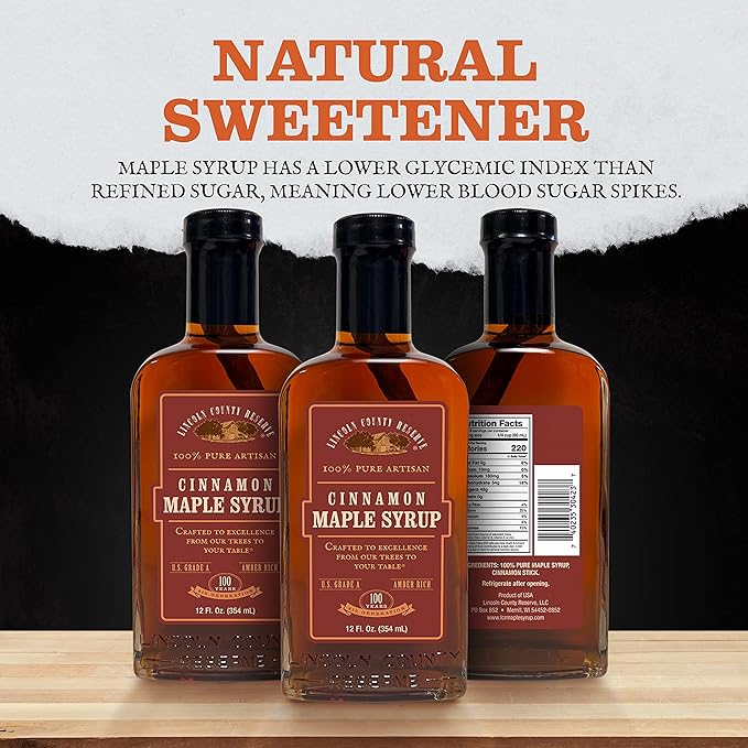Lincoln County Reserve Cinnamon Maple Syrup Made in USA with Real Cinnamon Stick Amber Rich Grade A Real American Made for French Toast Pancakes Oatmeal and More