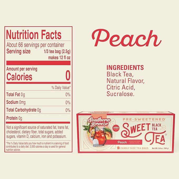 Southern Breeze Hot Brew Sweet Tea Peach Iced Tea with Black Tea and Zero Carbs Zero Sugar 22 Family Size Tea Bags Pack of 6
