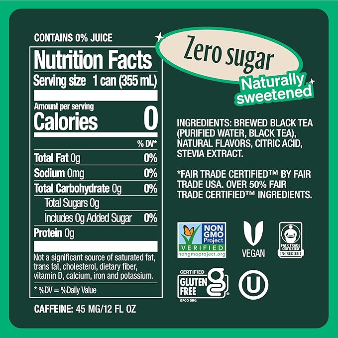 Zevia Zero Sugar Tea Black Tea with Raspberry 12 oz Cans (12-Pack) – Naturally Sweetened Zero Calorie Sugar Free - Non-GMO Project Verified Gluten-Free Vegan