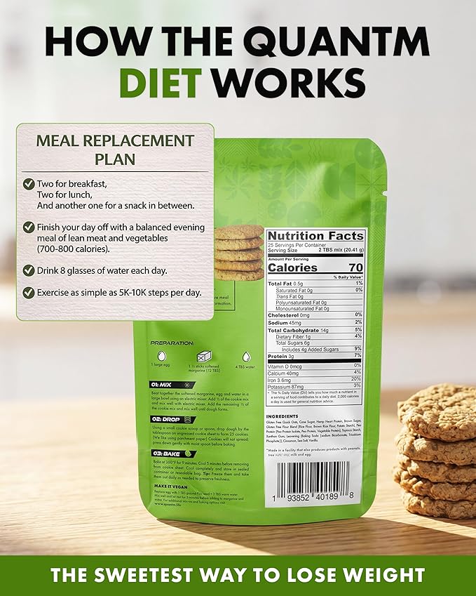 Cookie Mix Gluten Free Plant-Based Meal Replacement Plan with Hemp Protein Rich in Fiber Low in Sugar No Preservatives or Artificial Sweeteners 18 oz 3 Pack 2-Week Supply