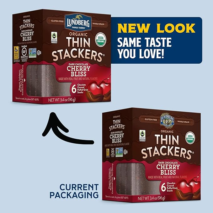 Lundberg Organic Chocolate Thin Stackers Cherry Bliss 3.4 oz (6 Count) Gluten-Free Whole Grain Kosher Dairy USDA Organic Non-GMO Project Verified Fair Trade Certified Ingredients