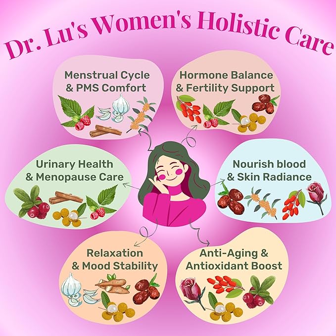 2 Pack of Dr. Lu's Happy Girl Tea | 100% Natural Herbal Tea for Hormone Balance Menstrual PMS PCOS &amp Menopause | Antioxidant &amp Anti-Aging Rose Tea with Raspberry Leaf Cranberries Goji Ber