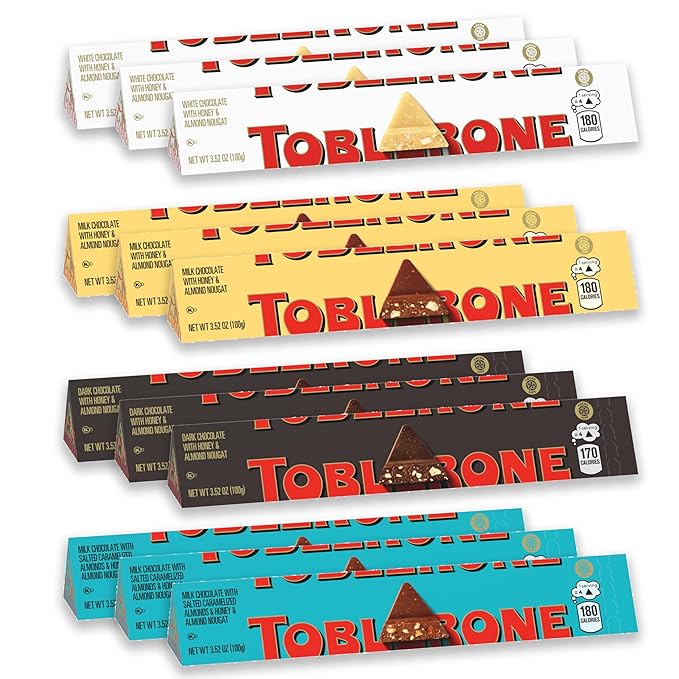 TOBLERONE Assorted Chocolate Bars Variety Pack (Milk Dark White &amp Salted Caramelized Almonds) Bulk Chocolate 12 - 3.52 oz Bars
