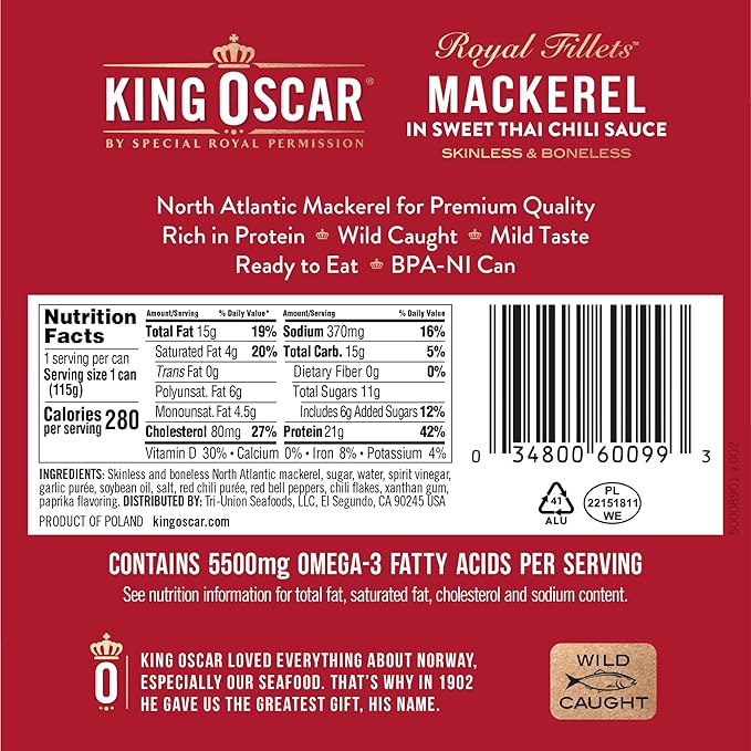 King Oscar Mackerel in Sweet Thai Chili Sauce 4.05 Ounce Can (Pack of 12) Skinless &amp Boneless Wild Caught Canned Mackerel