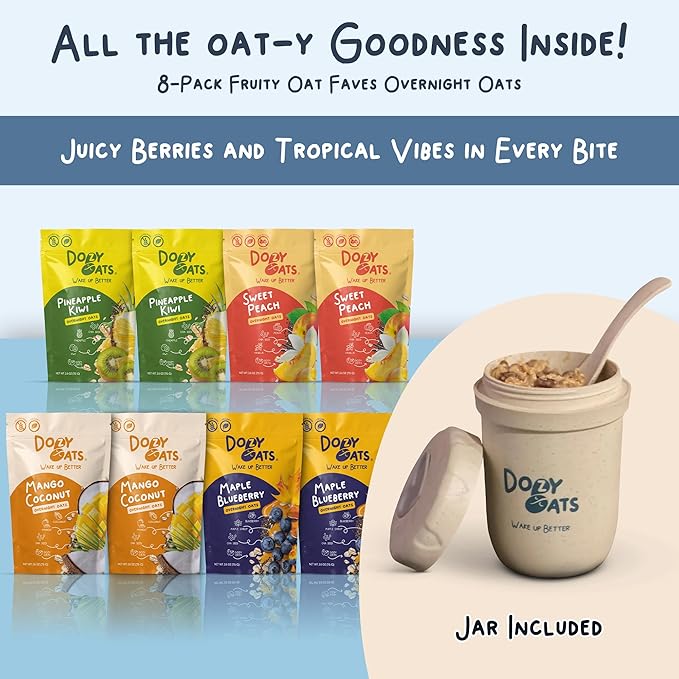 Dozy Oats Overnight Oatmeal Packets Fruity Faves Variety Box with Rolled Oats Chia Seeds Date Powder and Dried Fruit. Gluten-Free Natural Source of Protein and Fiber 8-Pack and Jar