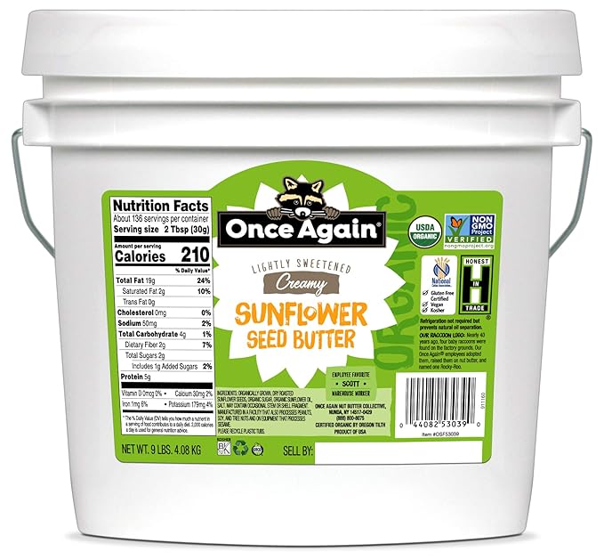 Once Again Organic Creamy Sunflower Butter 9lb Bucket (same as 9 jars) - Lightly Salted &amp Sweetened - Peanut Free USDA Organic Gluten Free Certified Vegan Kosher