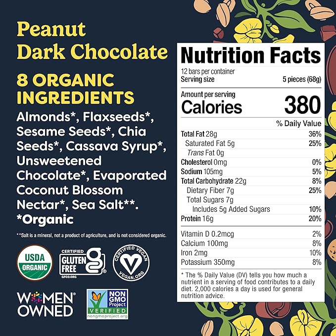 Tosi Meal Nut Bars Peanut Dark Chocolate Healthy Snacks for Adults &amp Kids Crunchy Plant Based Protein Bar (16G) Keto Snacks Vegan Gluten &amp Soy Free Low Sugar Omega 3s 2.4oz 12-Pack
