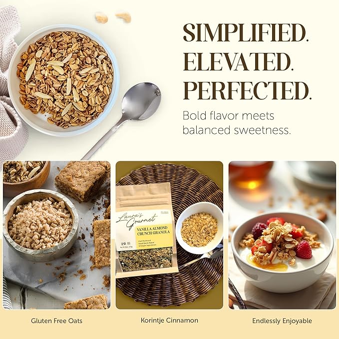 Laura's Gourmet Granola - Vanilla Almond Crunch - Gluten Soy &amp Dairy Free - Organic Premium Honey Almonds &amp Pure Ground Vanilla Artisan Chef's Trifecta of Taste Texture &amp Mouthfeel -