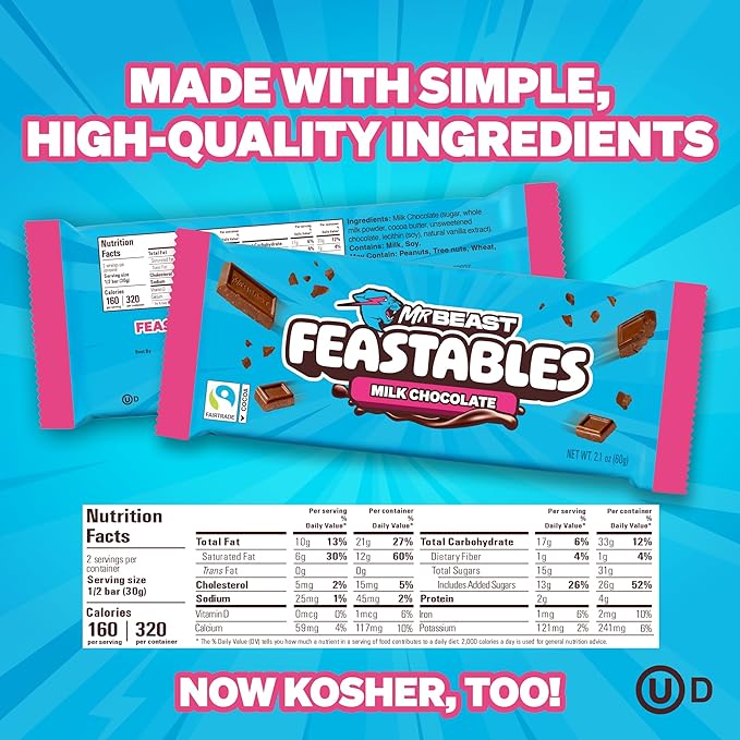 Feastables MrBeast Milk &amp Cookies Variety Pack King Size Milk Chocolate &amp Cookies &amp Creme Bars 2.1oz 20ct