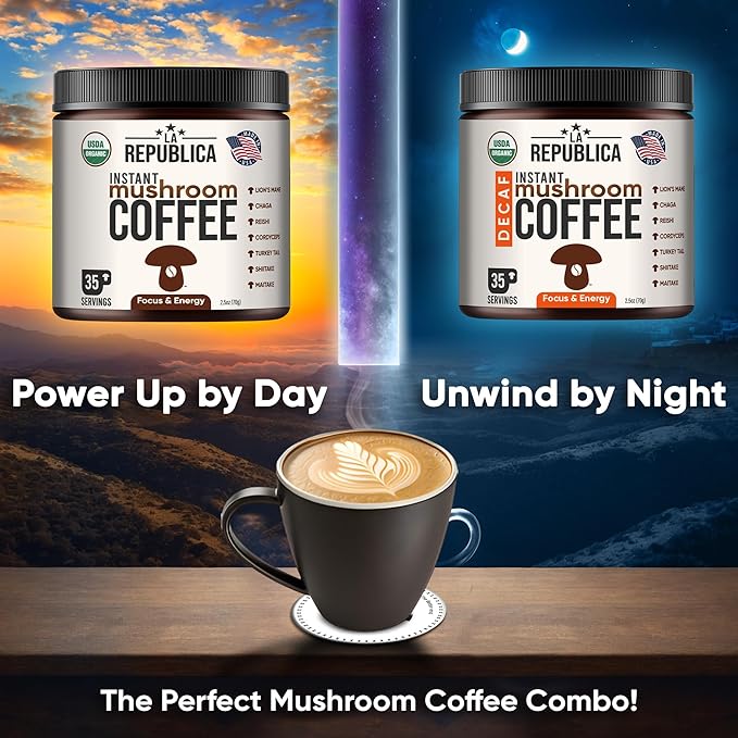 La Republica Organic Instant Mushroom Coffee (2.5oz) + Decaf (2.5oz) - 70 Servings with Coasters &amp Mixing Spoon - 100% Arabica with Lion's Mane Reishi Chaga Cordyceps Shiitake Maitake Turkey